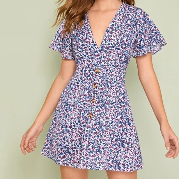 Empire Waist Flutter Sleeve Floral Dress - Picture 1 of 5